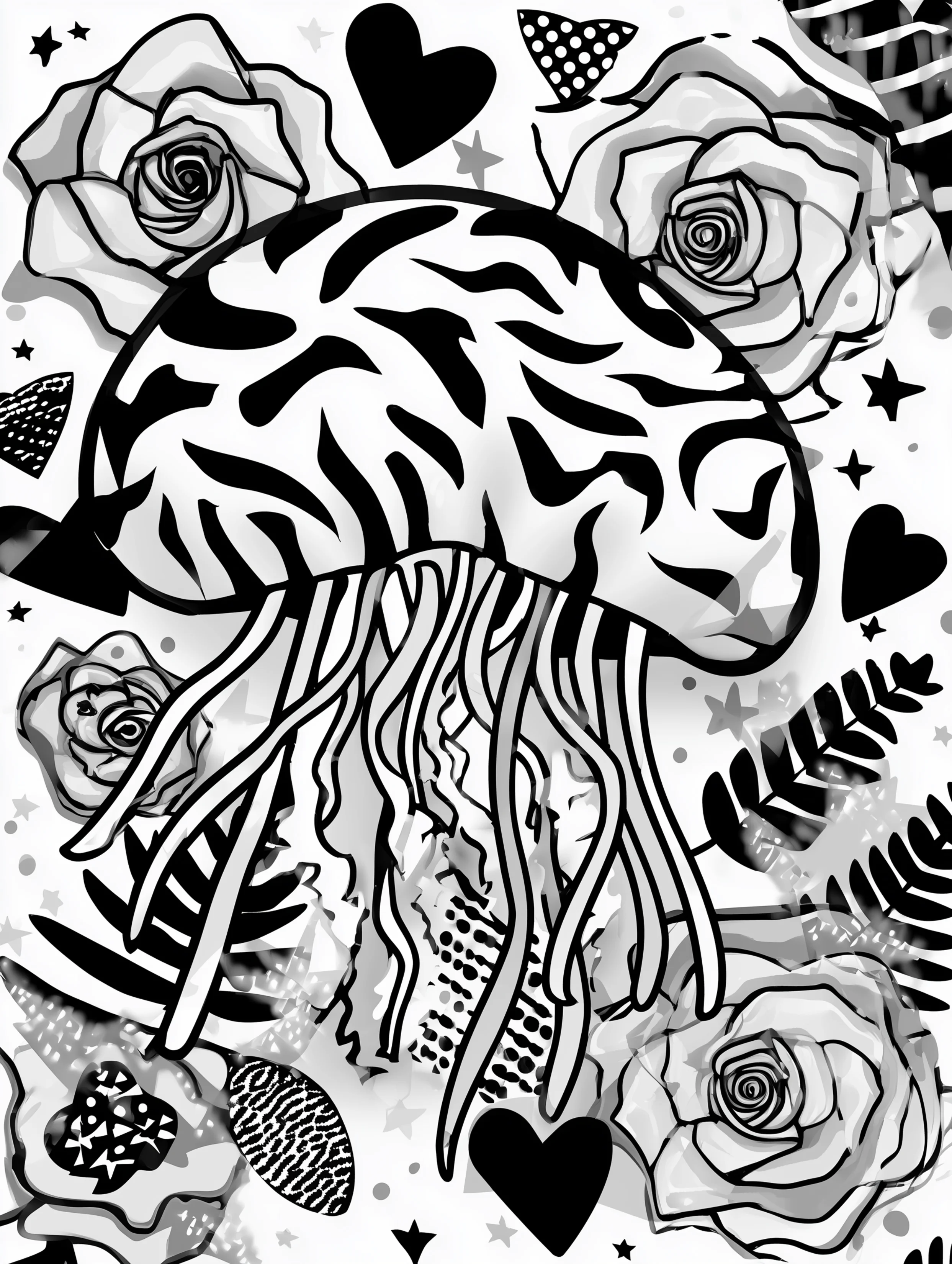 Free printable jellyfish coloring page for adults featuring a decorative jellyfish with fern elements